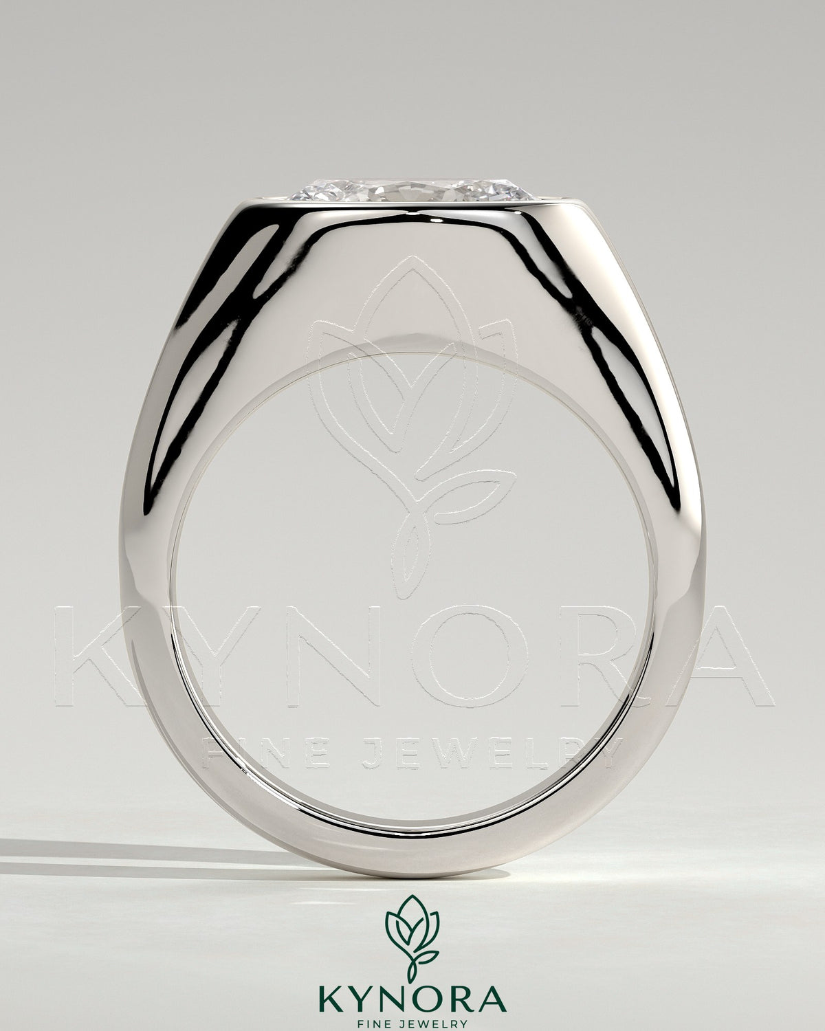 Kynora CJ statement 2ct oval east-west bezel solitaire engagement ring with signet band, showcasing a sparkling central gemstone.