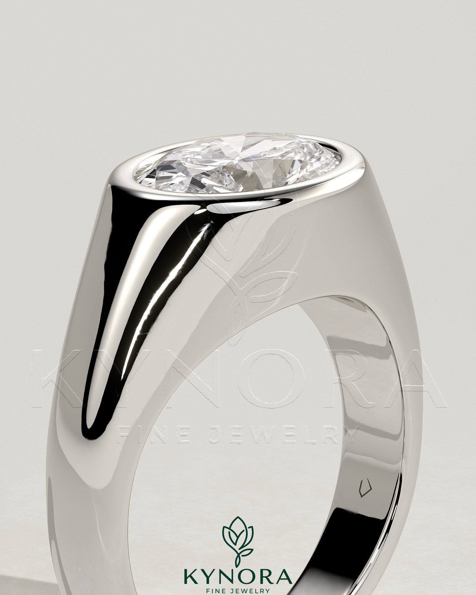 Statement 2ct Oval East West Bezel Solitaire with Signet Band Engagement Ring Imagen secundaria del producto