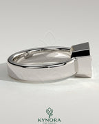 Kynora CJ Statement 2ct radiant east-west bezel solitaire engagement ring with flat cigar band, showcasing a sparkling central diamond.