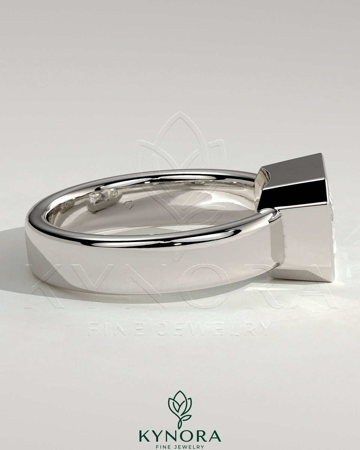Kynora CJ Statement 2ct radiant east-west bezel solitaire engagement ring with flat cigar band, showcasing a sparkling central diamond.