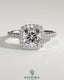 Kynora CJ 2ct cushion cut solitaire halo engagement ring with pave band and cathedral high setting, showcasing intricate detail.
