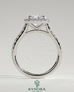 Kynora CJ 2ct cushion claw solitaire engagement ring with halo, pave band, and cathedral high setting, crafted in elegant jewelry design.