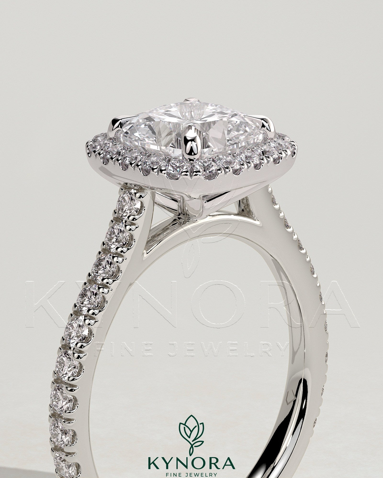 2ct Cushion Claw Solitaire with Halo and Pave Band and Cathedral High Setting Engagement Ring Secondary image