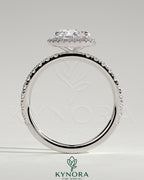 Kynora CJ 2ct cushion cut claw solitaire engagement ring with halo and pave band, showcasing sparkling diamond details.