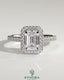 Kynora CJ 2ct emerald claw solitaire engagement ring with halo, pave band, and cathedral high setting showcasing the detailed design.