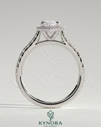 Kynora CJ 2ct marquise claw solitaire engagement ring with halo, pave band, and cathedral high setting on a jewelry display