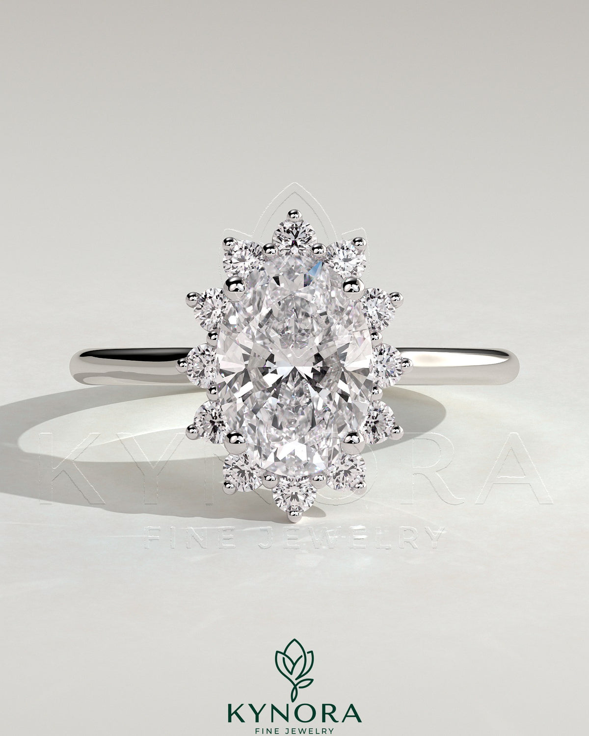 Kynora CJ 2ct oval claw solitaire engagement ring with sunburst halo and cathedral high setting, showcasing sparkling diamond details.