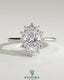 Kynora CJ 2ct oval claw solitaire engagement ring with sunburst halo and cathedral high setting, showcasing sparkling diamond details.