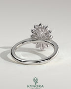 Kynora CJ 2ct oval claw solitaire engagement ring with sunburst halo and cathedral high setting, showcasing intricate design details.