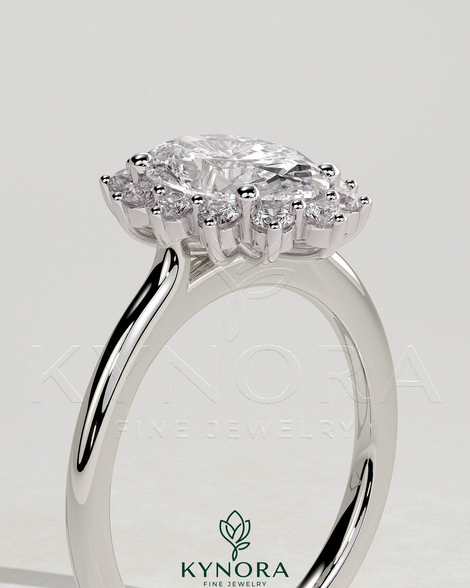 2ct Oval Claw Solitaire with Sunburst Halo and Cathedral High Setting Engagement Ring Imagen secundaria del producto