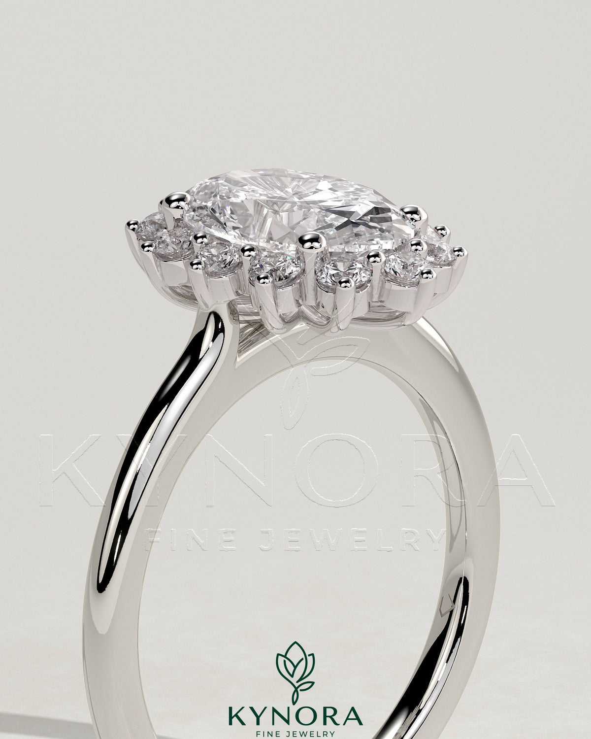 Kynora CJ 2ct oval claw solitaire engagement ring with sunburst halo and cathedral high setting, showcasing intricate design details.