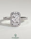 Kynora CJ 2ct radiant claw solitaire engagement ring with halo and pave band, showcasing sparkling diamond details.