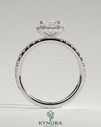 Kynora CJ 2ct radiant cut diamond halo engagement ring with pave band and intricate setting, showcasing elegance and sparkle.