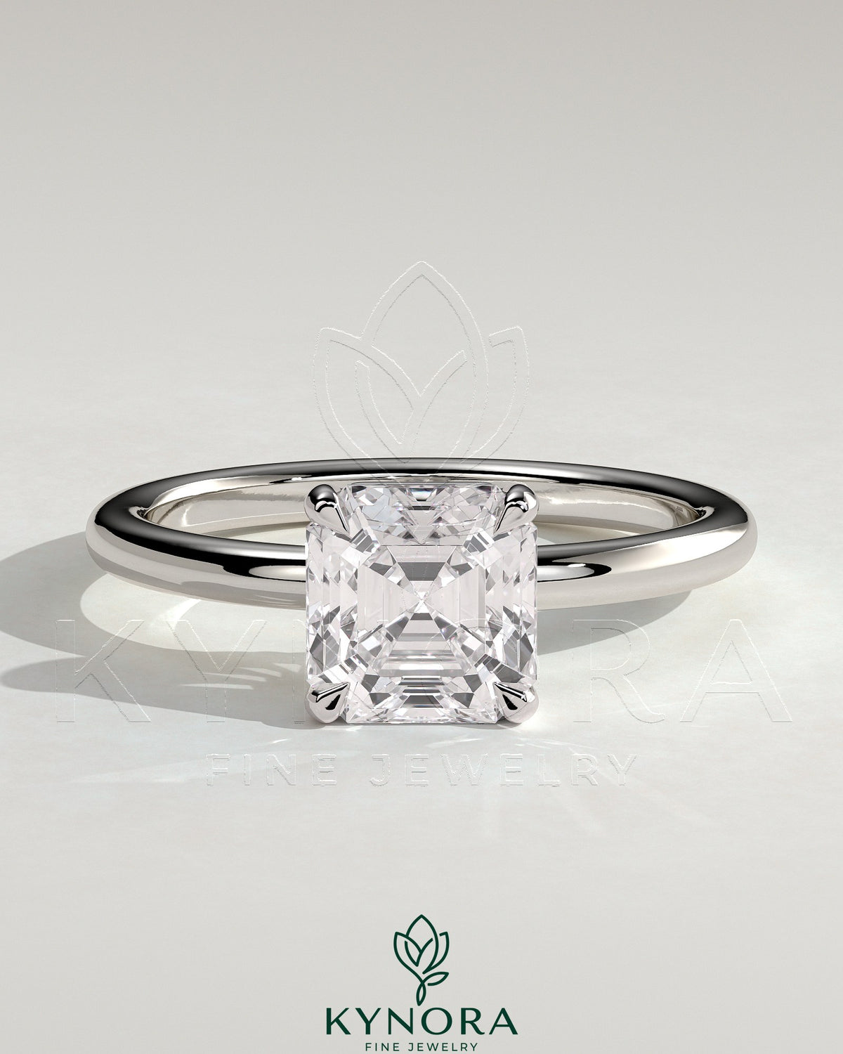Kynora CJ 2-carat Asscher cut diamond claw solitaire engagement ring with a sleek platinum band.