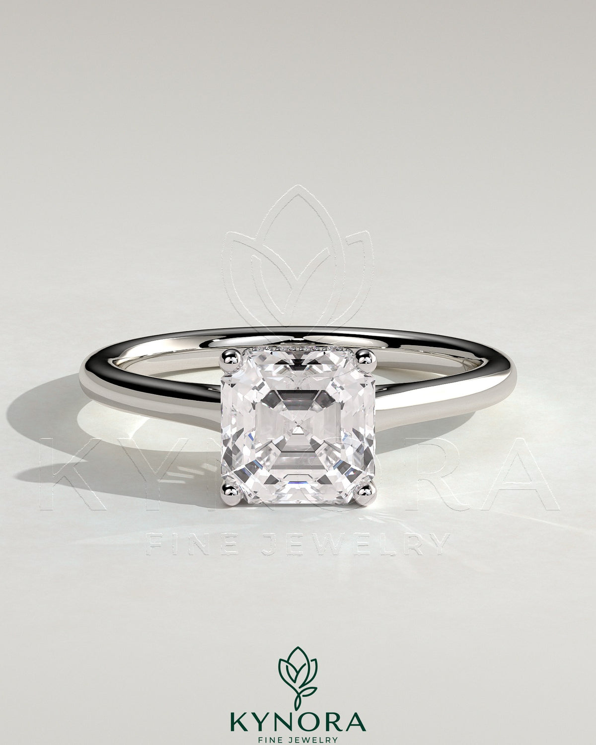 Kynora CJ 2ct Asscher cut diamond solitaire engagement ring with hidden halo and cathedral high setting. Main image