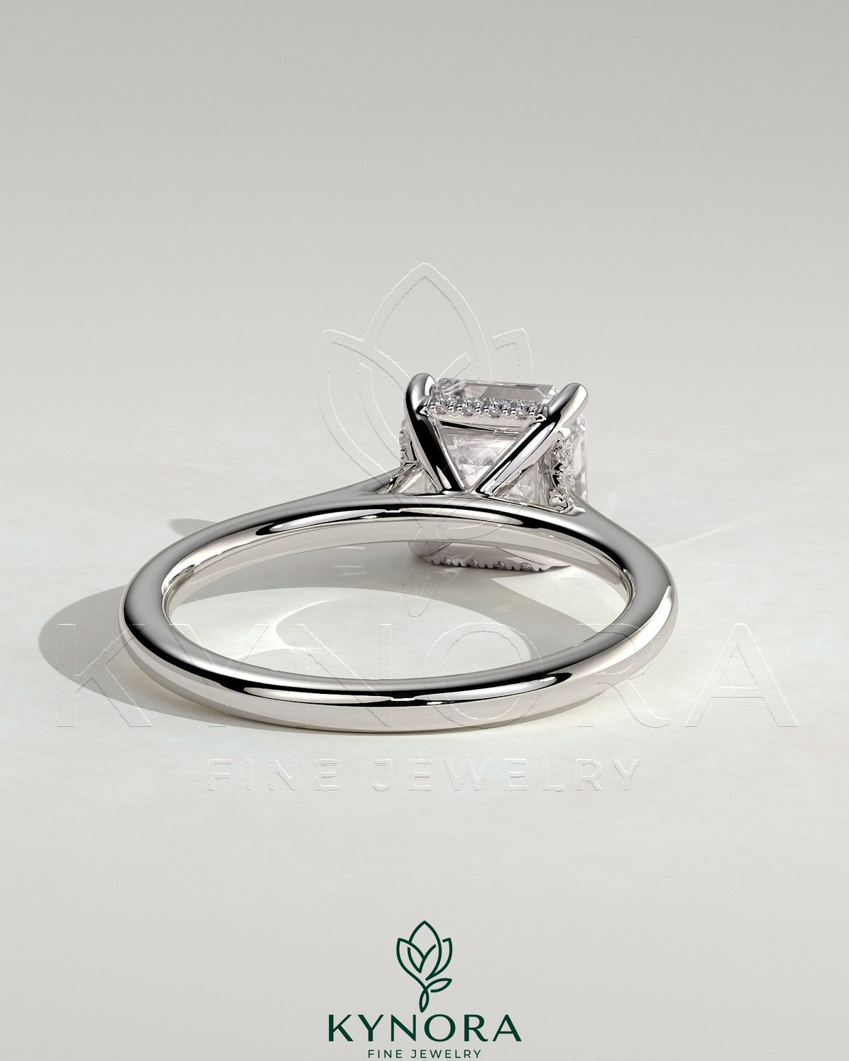 Kynora CJ 2-carat Asscher cut solitaire engagement ring with hidden halo and cathedral high setting, elegant and sparkling jewelry.