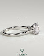 Kynora CJ 2ct Asscher cut diamond solitaire engagement ring with hidden halo and cathedral high setting, showcasing elegant jewelry design.