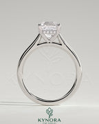 Kynora CJ 2ct Asscher cut diamond solitaire engagement ring with hidden halo and cathedral high setting, elegant and sparkling.