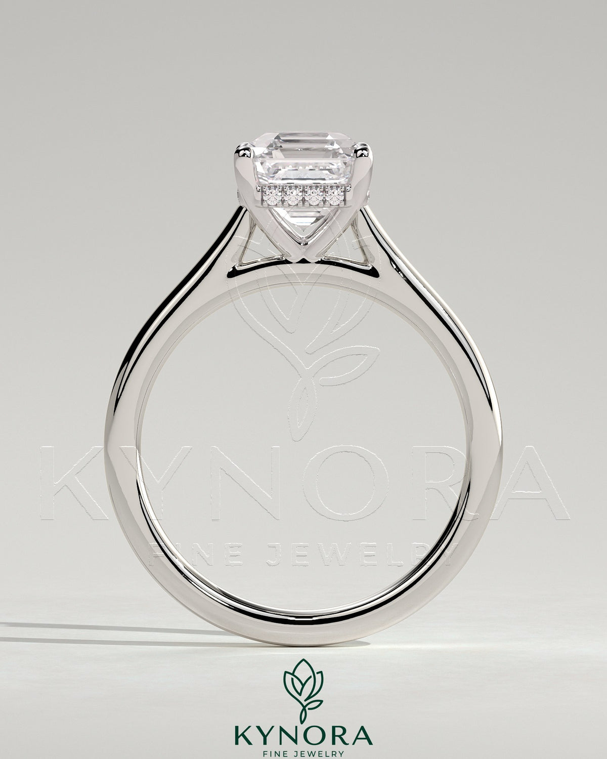 Kynora CJ 2ct Asscher cut diamond solitaire engagement ring with hidden halo and cathedral high setting, elegant and sparkling.