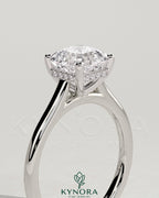 Kynora CJ 2ct Asscher cut diamond solitaire engagement ring with hidden halo and cathedral high setting, elegant and sparkling.