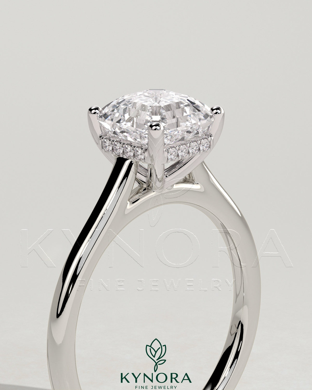 Kynora CJ 2ct Asscher cut diamond solitaire engagement ring with hidden halo and cathedral high setting, elegant and sparkling.