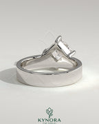 Kynora CJ 2ct Asscher cut diamond solitaire engagement ring with offset setting and flat cigar band, showcasing elegant jewelry design.