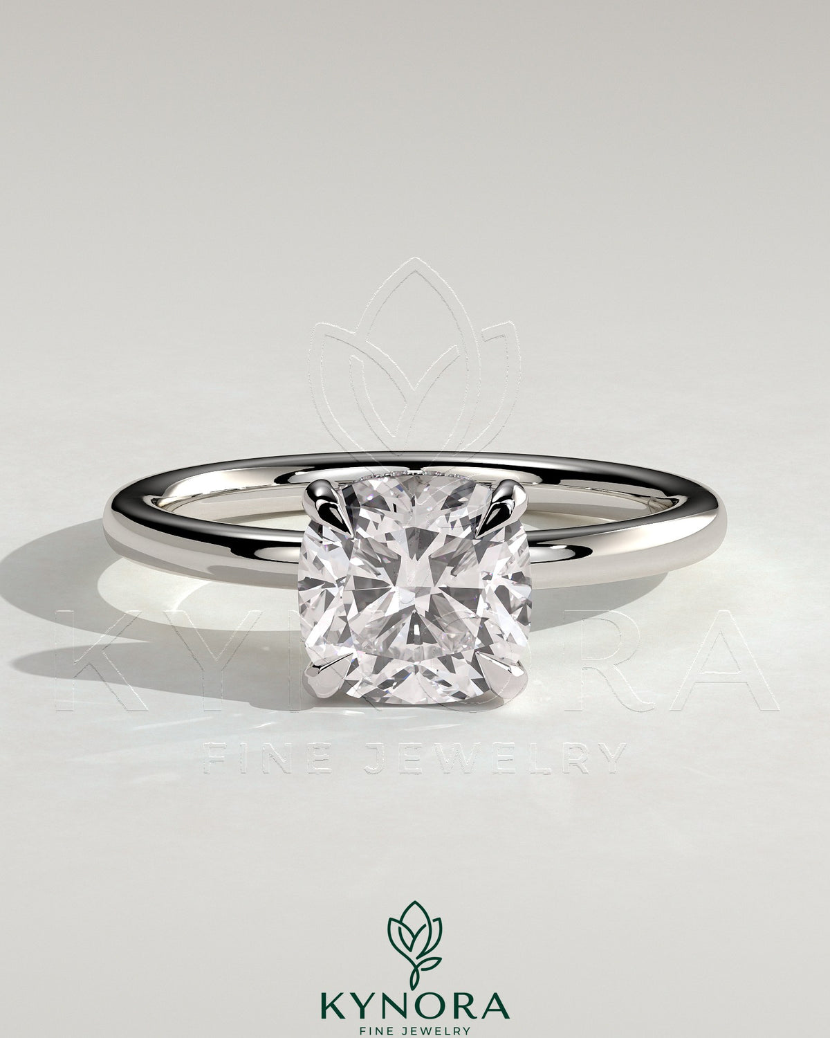 Kynora CJ 2ct cushion cut solitaire engagement ring with hidden halo, featuring a classic and elegant design.