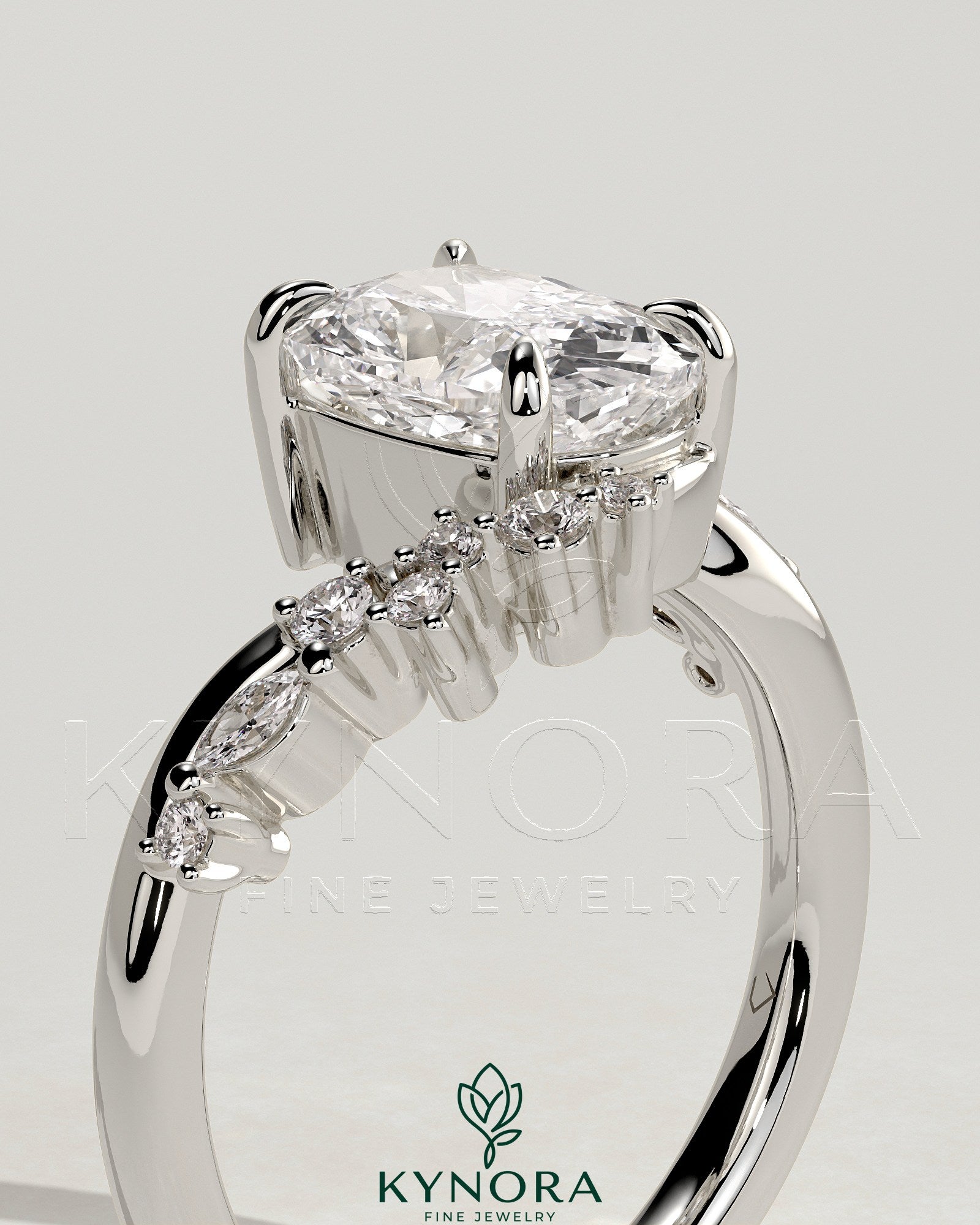 2ct Elongated Cushion Claw Solitaire with Bypass Band and Clustered Round-Marquise Accent Stones Engagement Ring Secondary image