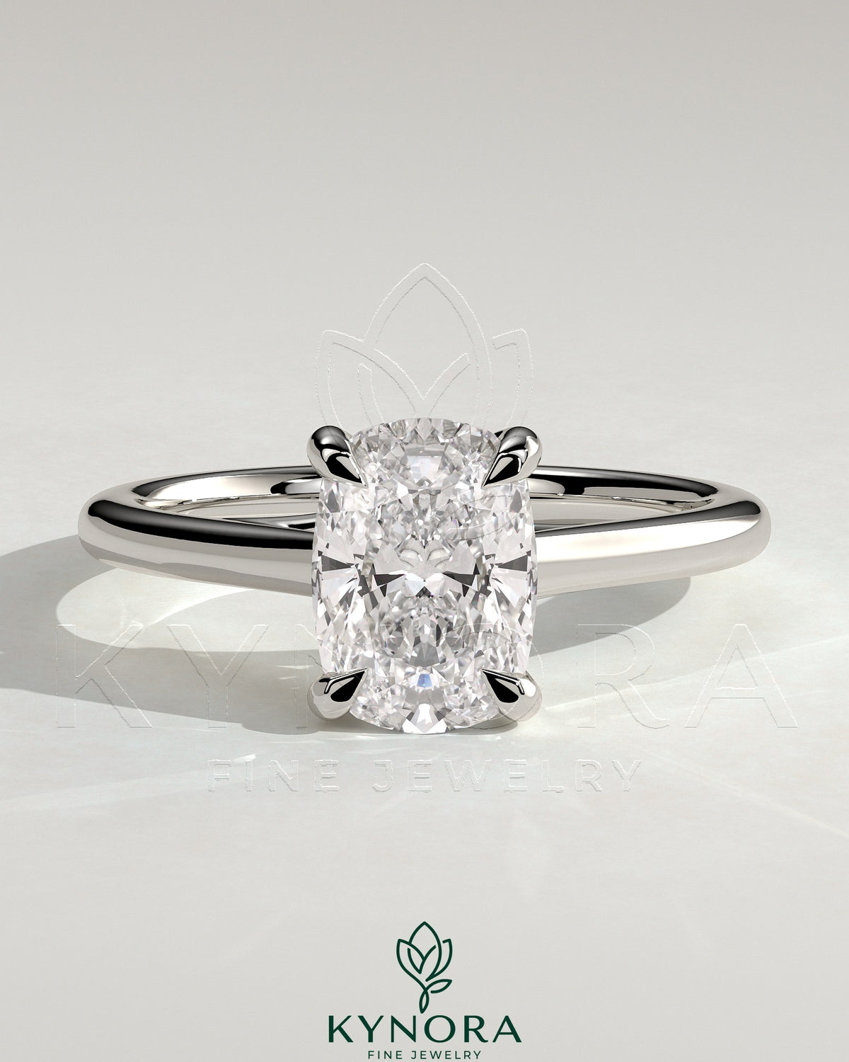 Kynora CJ 2ct elongated cushion diamond solitaire engagement ring with cathedral low setting and open trellis gallery design