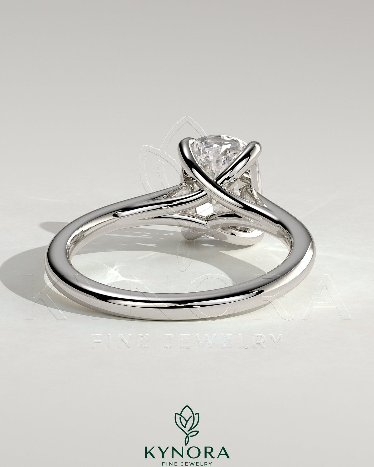 Kynora CJ 2ct elongated cushion cut diamond solitaire engagement ring with cathedral low setting and open trellis gallery design