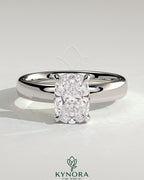 Kynora CJ 2ct elongated cushion solitaire engagement ring with cigar band and hidden halo, featuring a sparkling center stone.