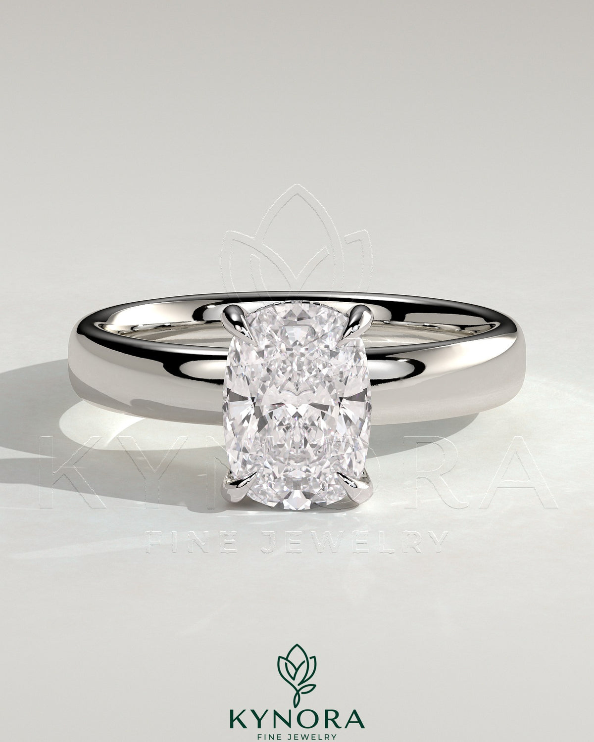 Kynora CJ 2ct elongated cushion solitaire engagement ring with cigar band and hidden halo, featuring a sparkling center stone.