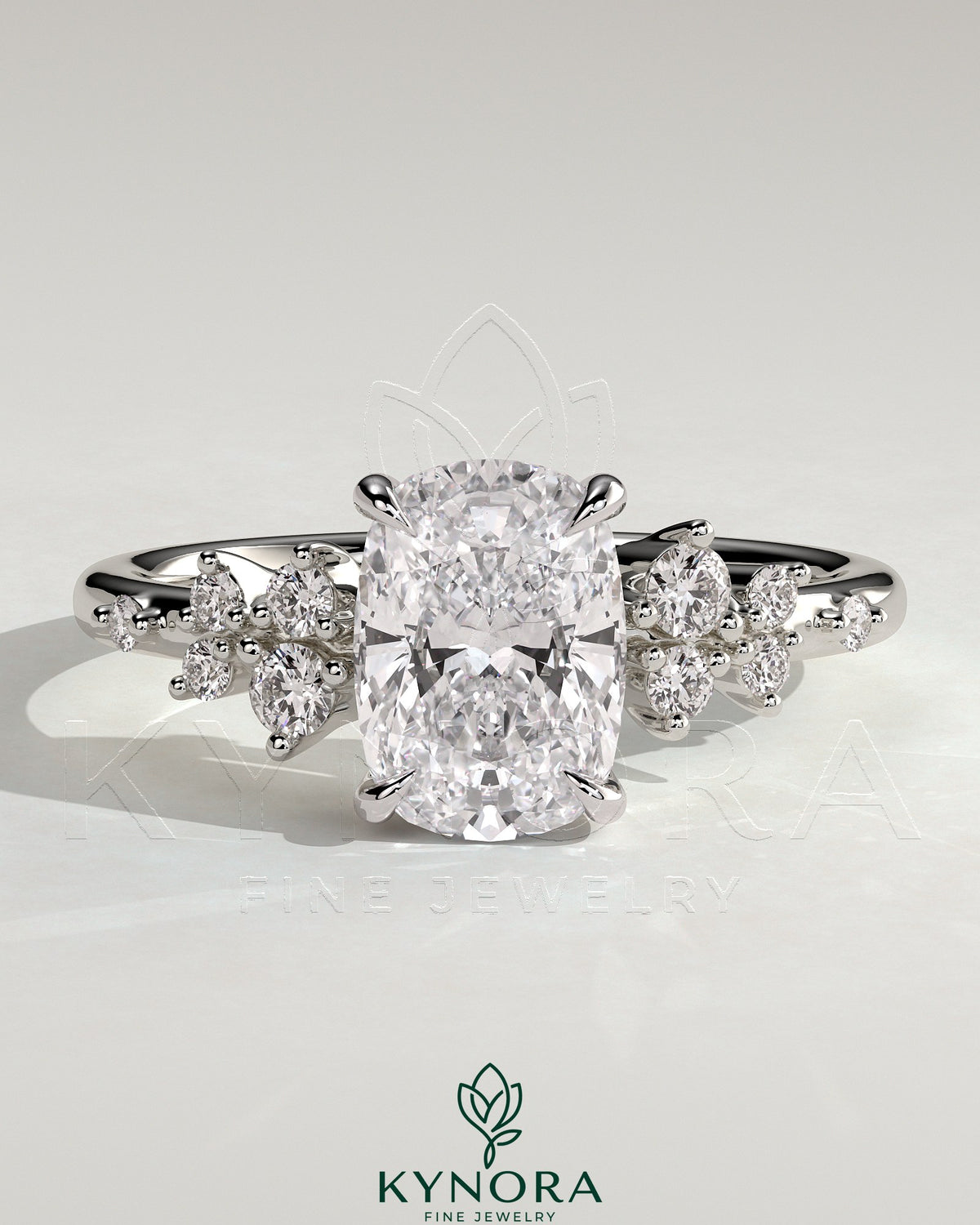 Kynora CJ 2ct elongated cushion claw solitaire engagement ring with clustered round shoulder stones, elegant and sparkling. Main image