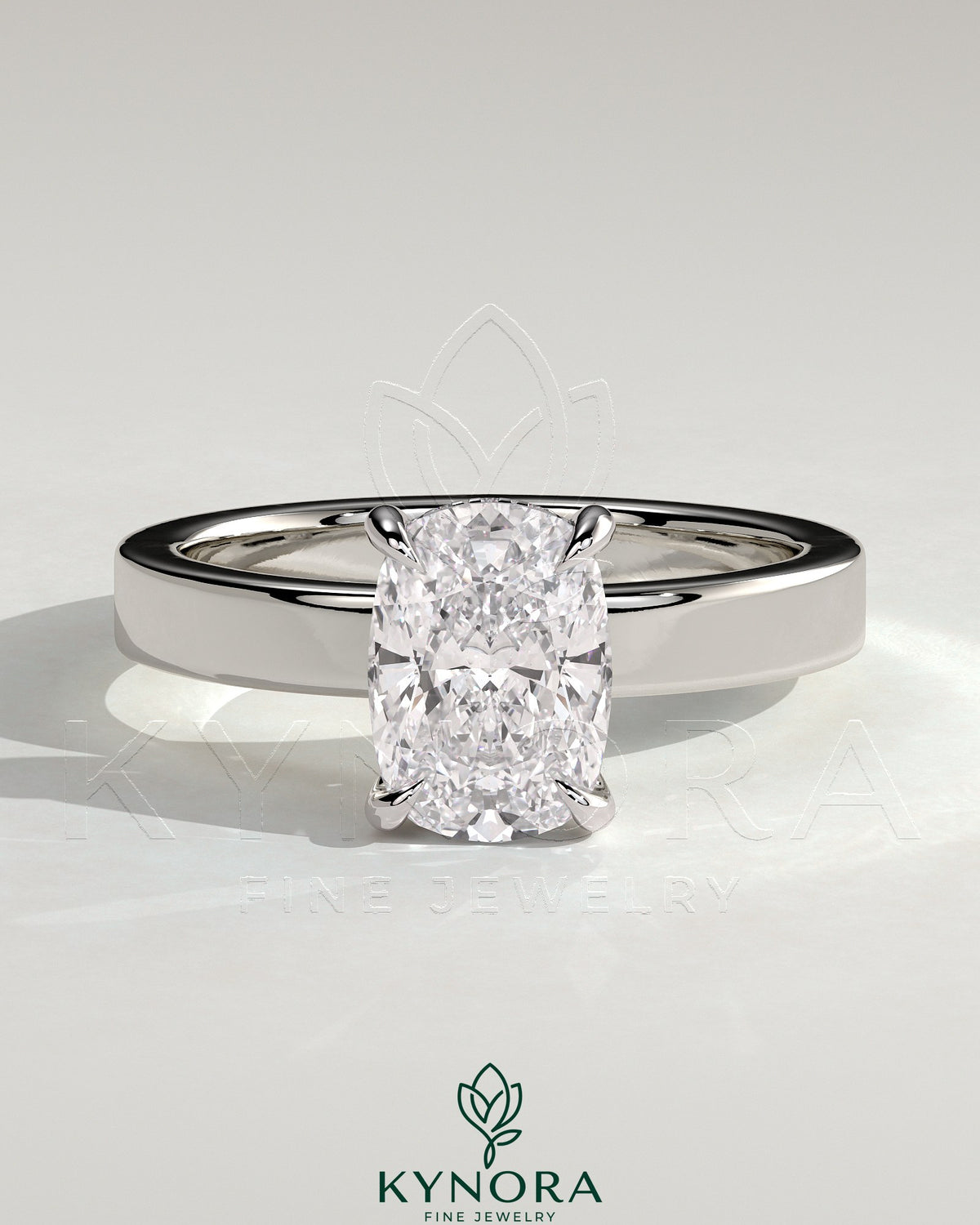 Kynora CJ 2ct elongated cushion cut solitaire engagement ring with flat cigar band and hidden halo design. Main image