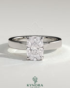 Kynora CJ 2ct elongated cushion cut solitaire engagement ring with flat cigar band and hidden halo design.