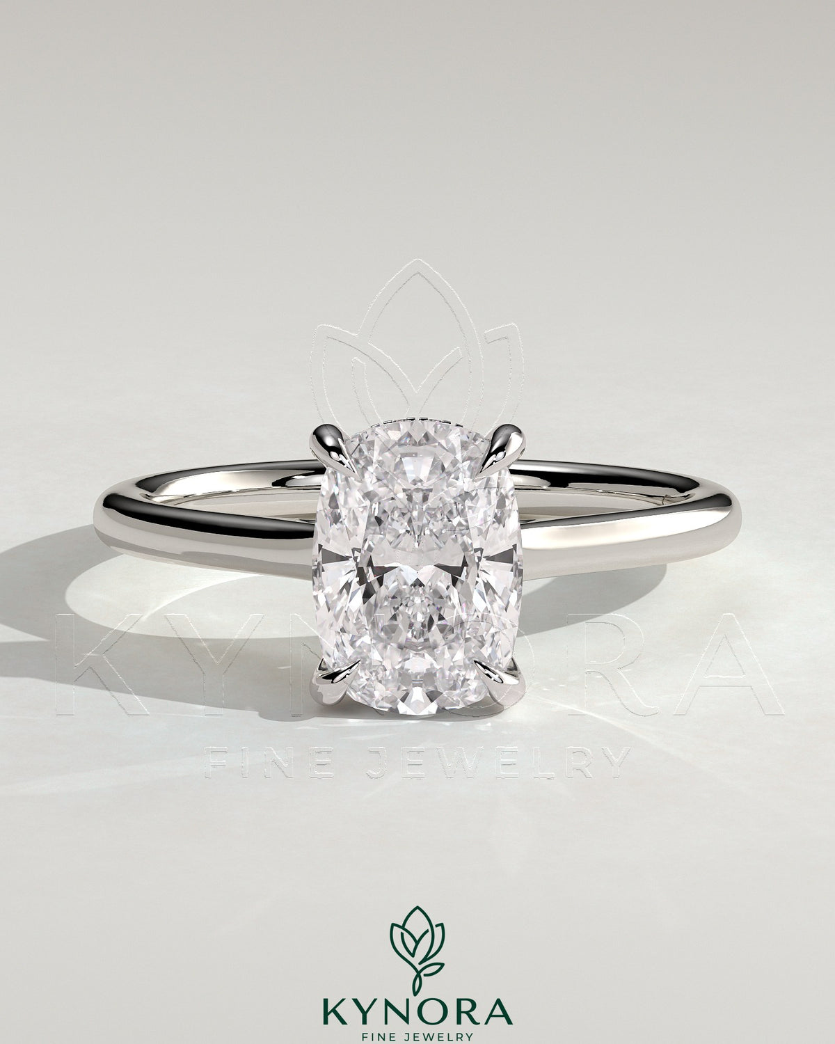 Kynora CJ 2ct elongated cushion cut solitaire engagement ring with hidden halo and cathedral high setting, showcasing intricate design.