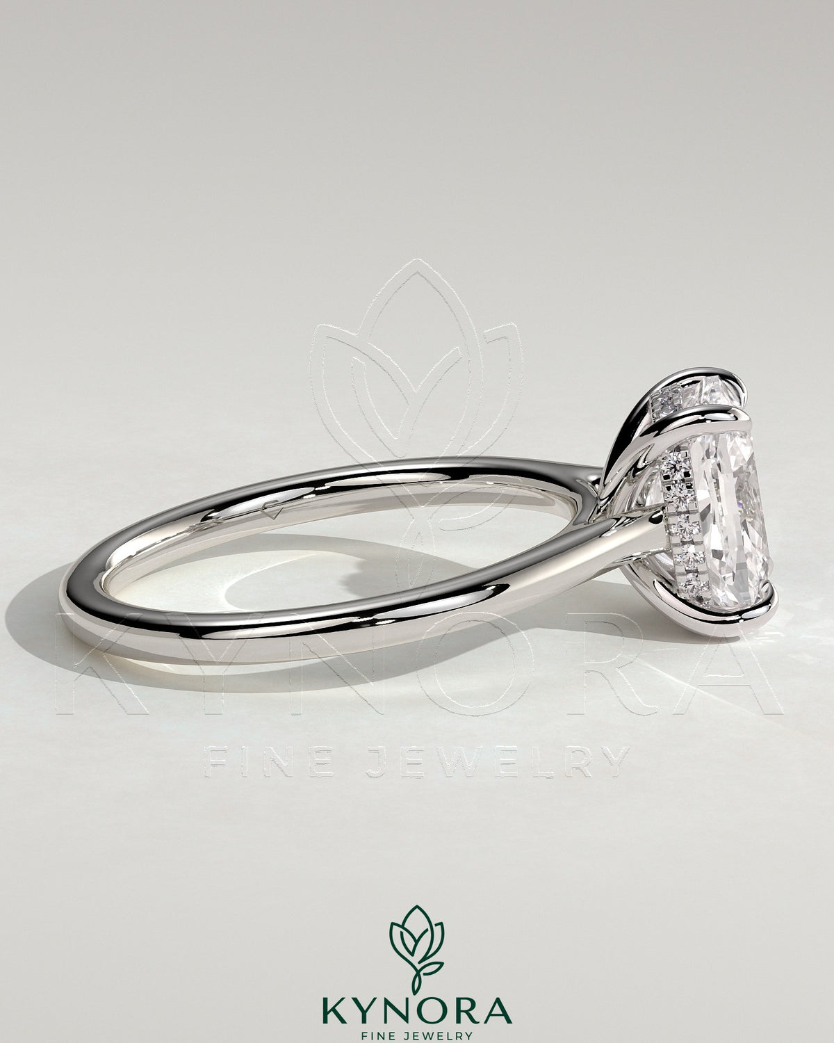 Kynora CJ 2ct elongated cushion diamond solitaire engagement ring with hidden halo and cathedral high setting, elegant and sparkling.