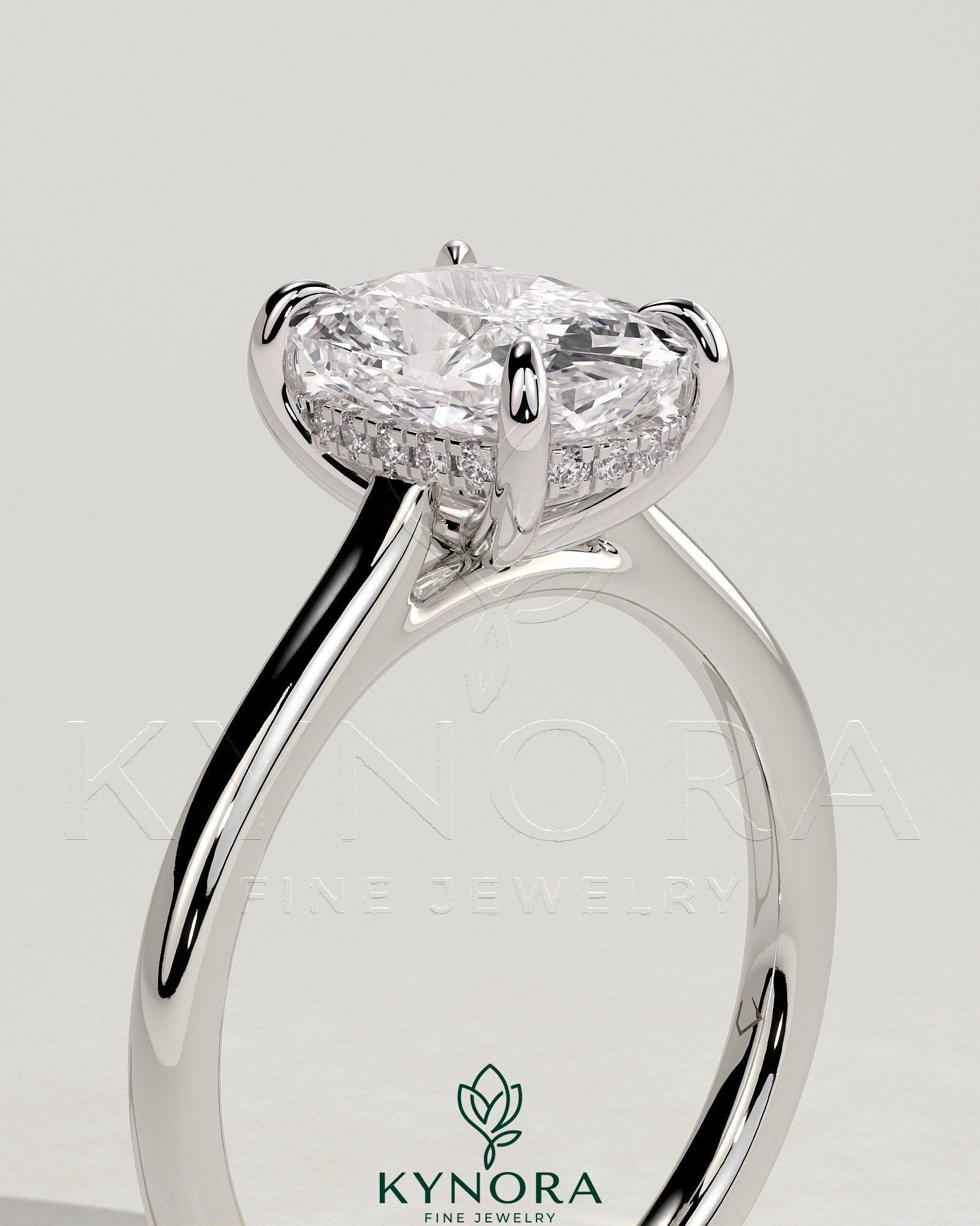 2ct Elongated Cushion Claw Solitaire with Hidden Halo and Cathedral High Setting Engagement Ring Secondary image