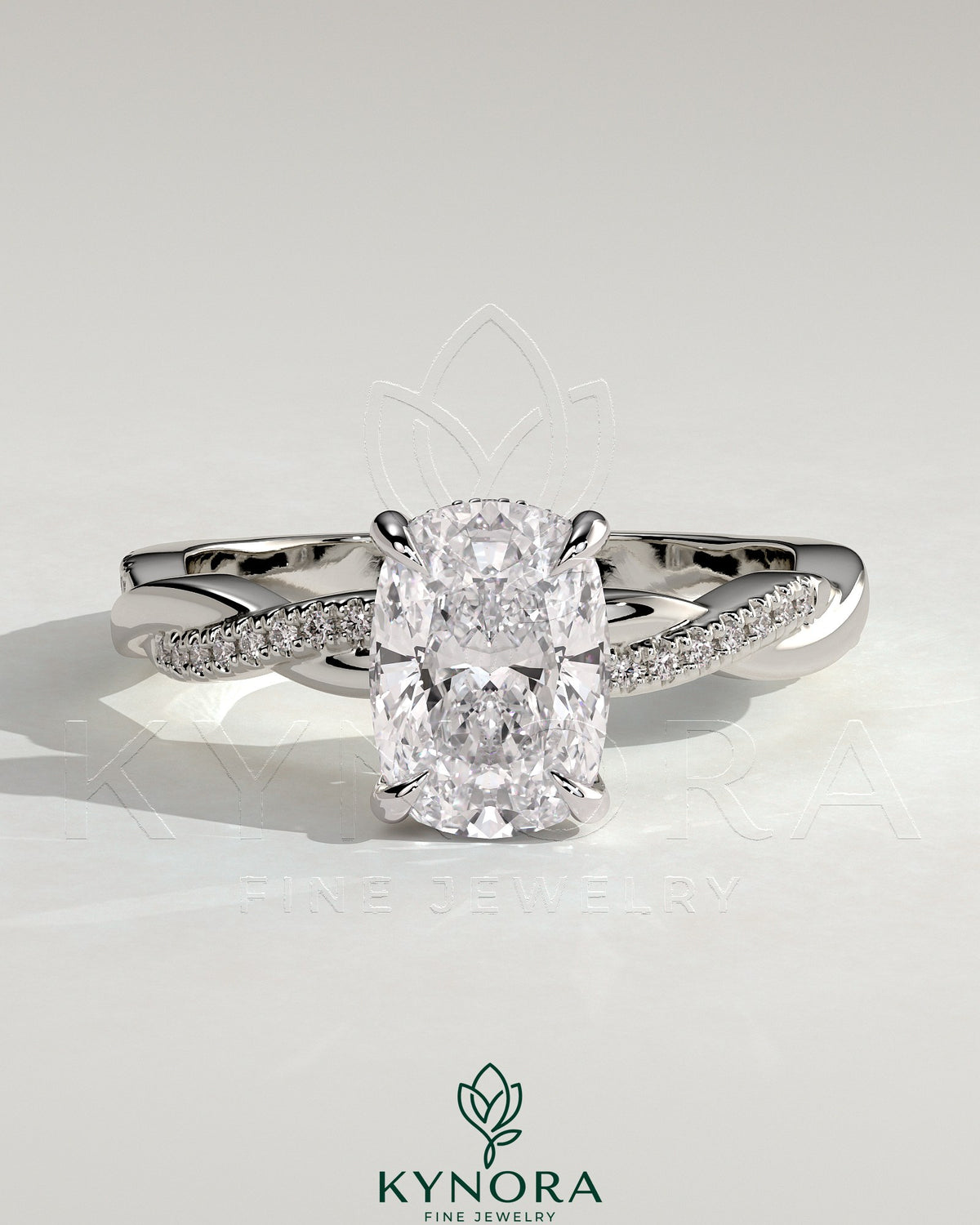 Kynora CJ 2ct elongated cushion cut solitaire engagement ring with hidden halo and twisted pave band, showcasing craftsmanship. Main image