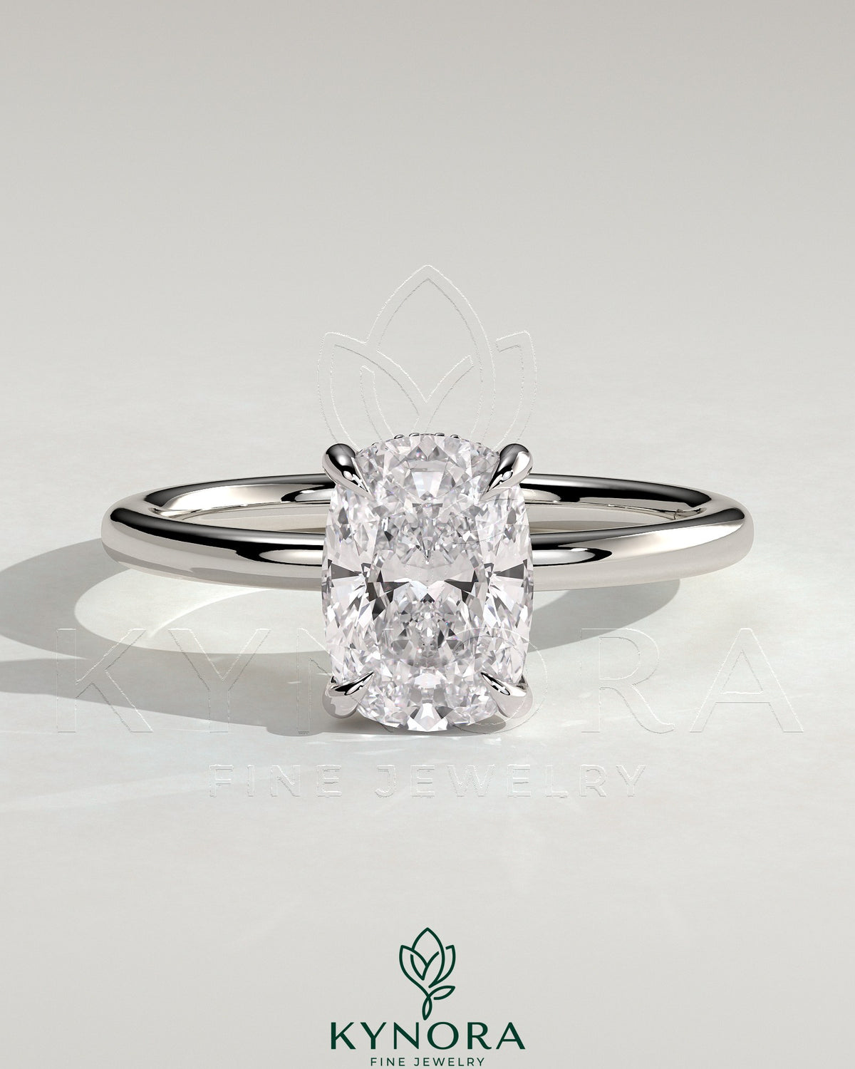 Kynora CJ 2ct elongated cushion solitaire engagement ring with hidden halo in sterling silver, detailed close-up of the ring design. Main image