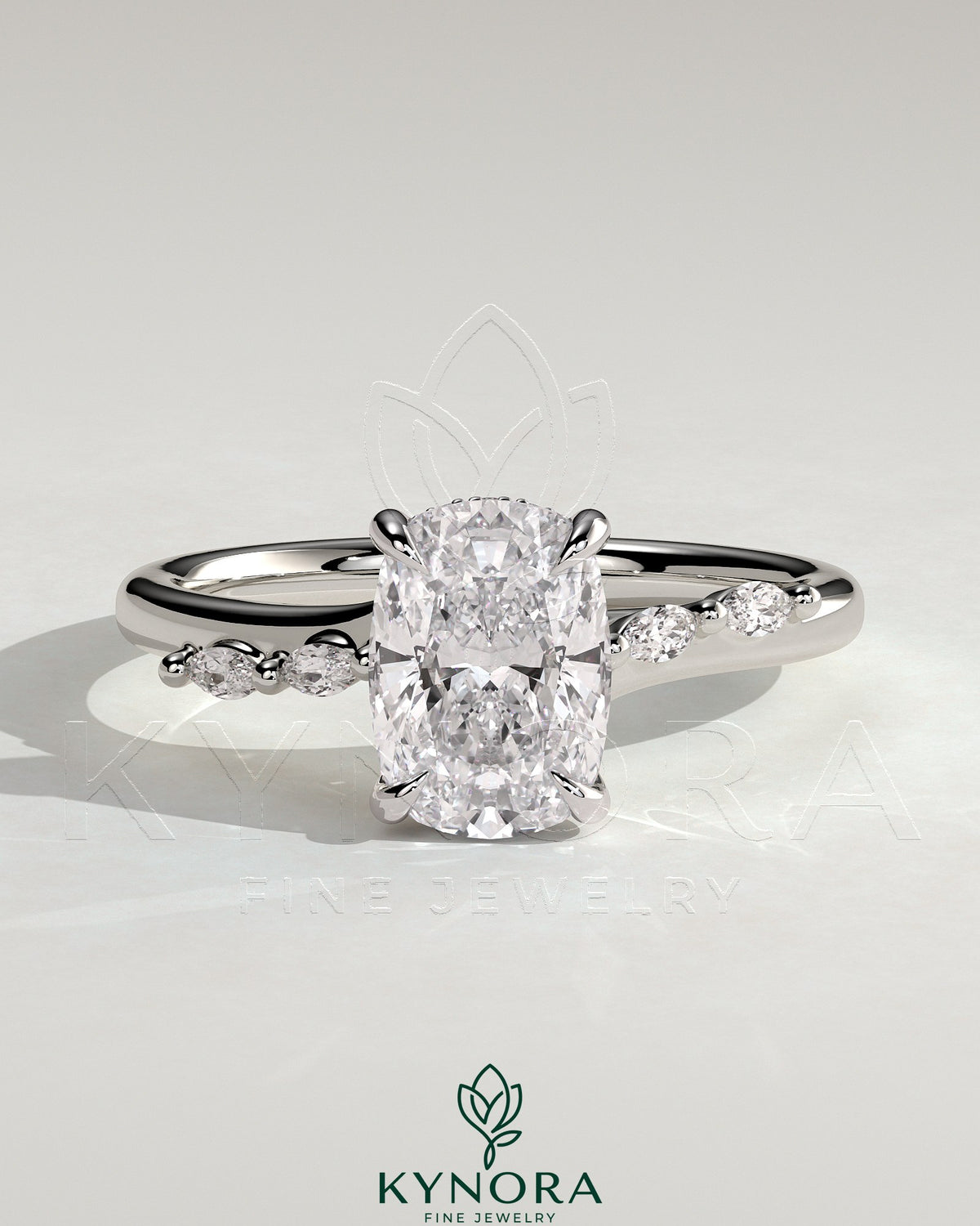 Kynora CJ 2ct elongated cushion claw solitaire engagement ring with hidden halo, marquise accents, cathedral setting, jewelry image Main image