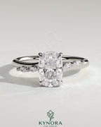 Kynora CJ 2ct elongated cushion claw solitaire engagement ring with hidden halo, marquise accents, cathedral setting, jewelry image