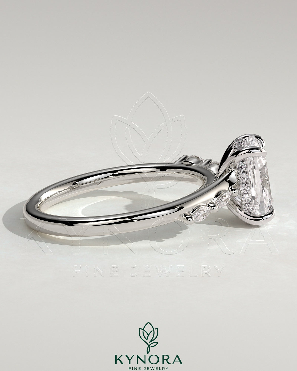 Kynora CJ 2ct elongated cushion solitaire engagement ring with hidden halo, opposing marquise accents, cathedral high setting.