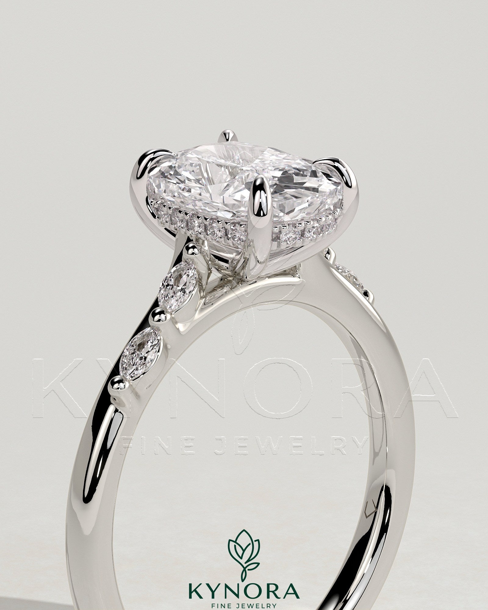 2ct Elongated Cushion Claw Solitaire with Hidden Halo, Opposing Marquise Accents and Cathedral High Setting Engagement Ring Secondary image
