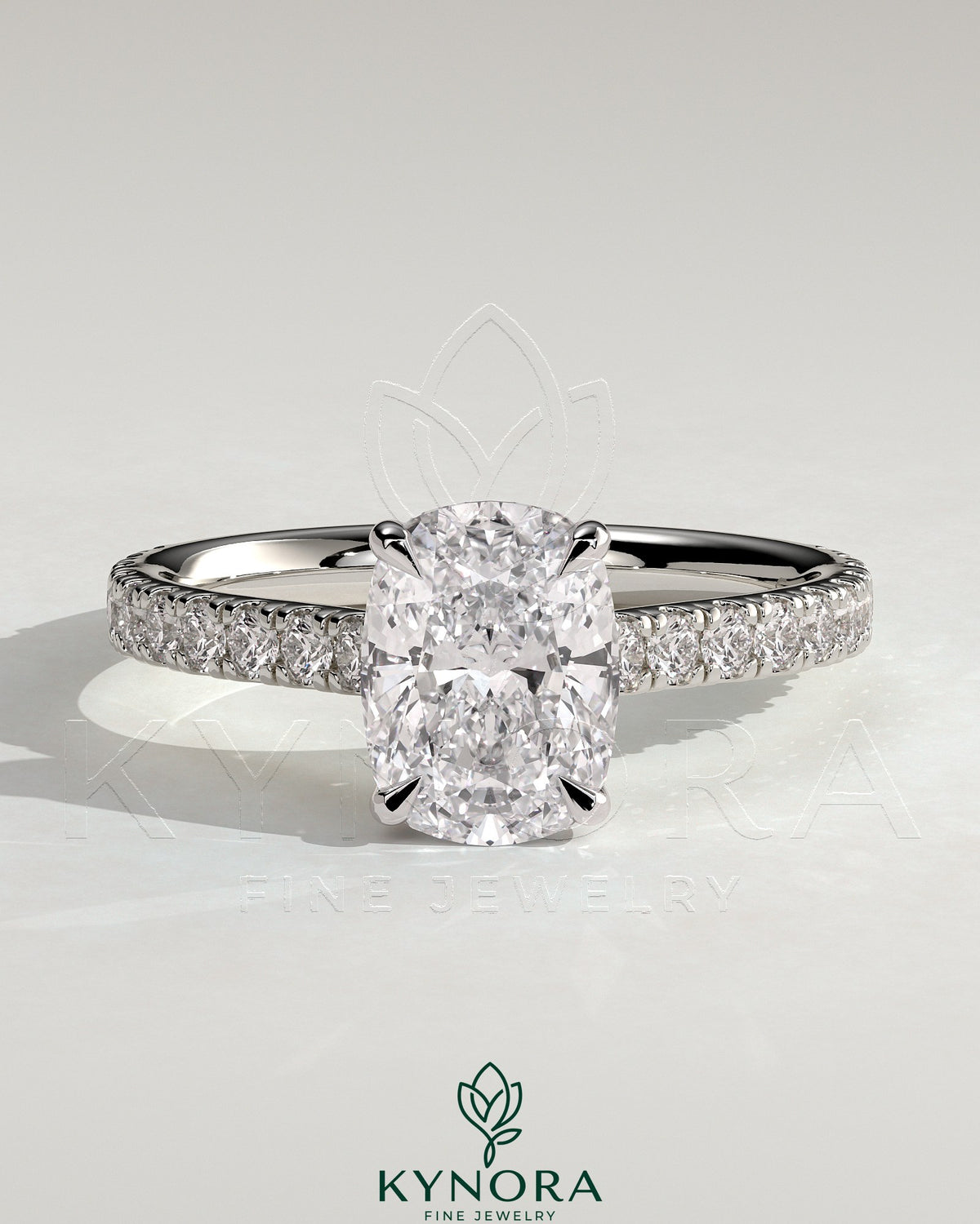 2ct Elongated Cushion Claw Solitaire with Hidden Halo, Pave Band and Cathedral High Setting Engagement Ring Main image