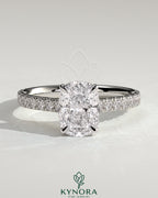 2ct Elongated Cushion Claw Solitaire with Hidden Halo, Pave Band and Cathedral High Setting Engagement Ring