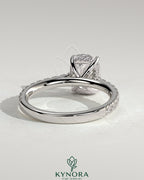 2ct Elongated Cushion Claw Solitaire with Hidden Halo, Pave Band and Cathedral High Setting Engagement Ring