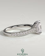 2ct Elongated Cushion Claw Solitaire with Hidden Halo, Pave Band and Cathedral High Setting Engagement Ring