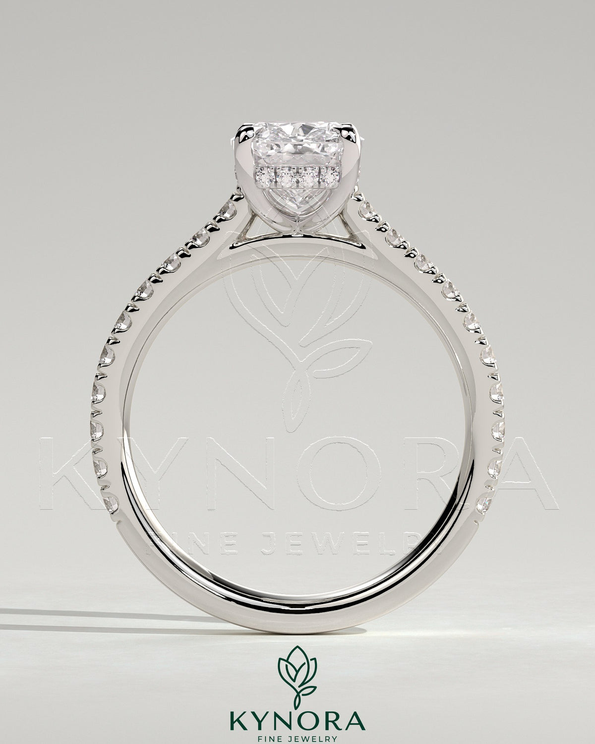 2ct Elongated Cushion Claw Solitaire with Hidden Halo, Pave Band and Cathedral High Setting Engagement Ring