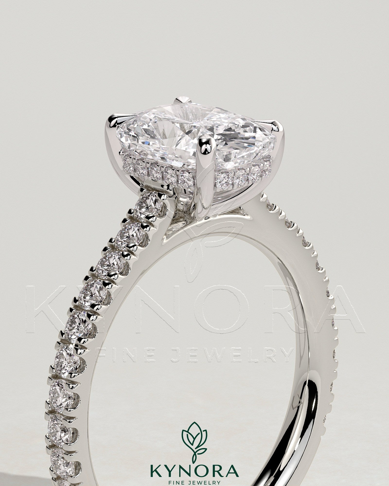 2ct Elongated Cushion Claw Solitaire with Hidden Halo, Pave Band and Cathedral High Setting Engagement Ring Secondary image
